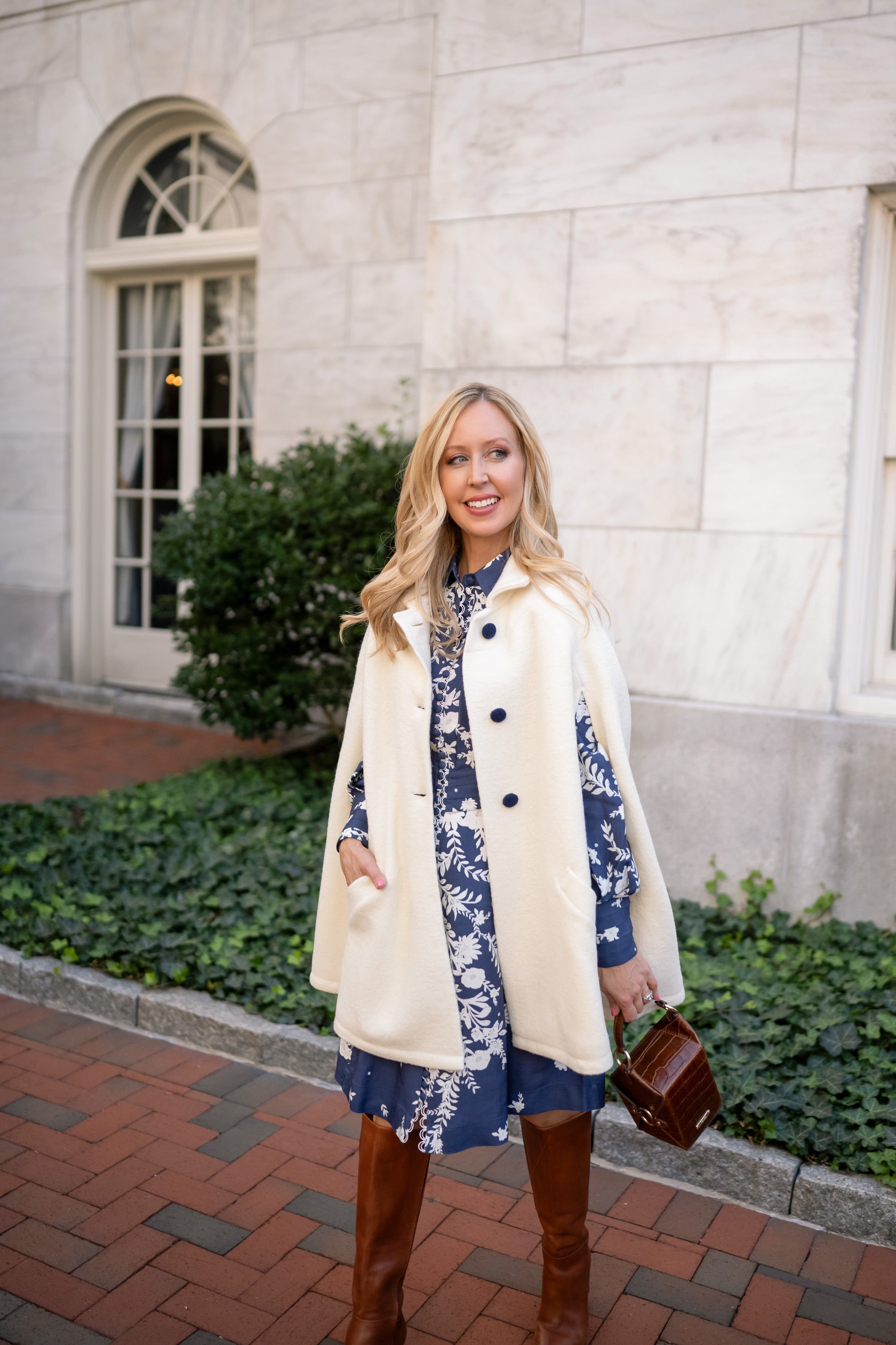 White fashion cape blazer outfit